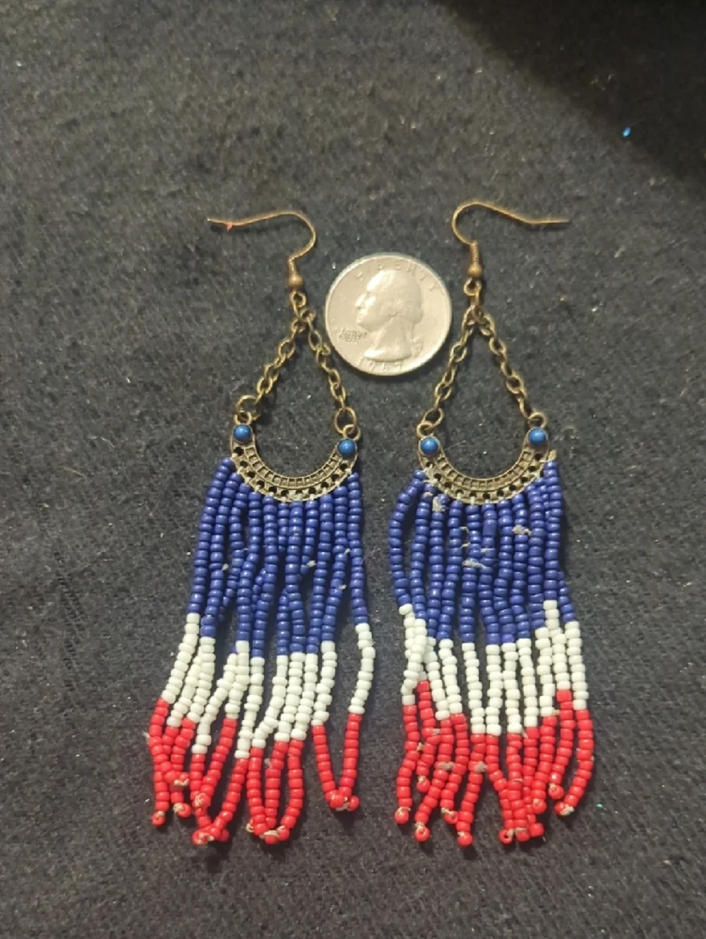 Vintage Bronze Tone Red White Blue Beaded Fringe Dangle Statement Earrings